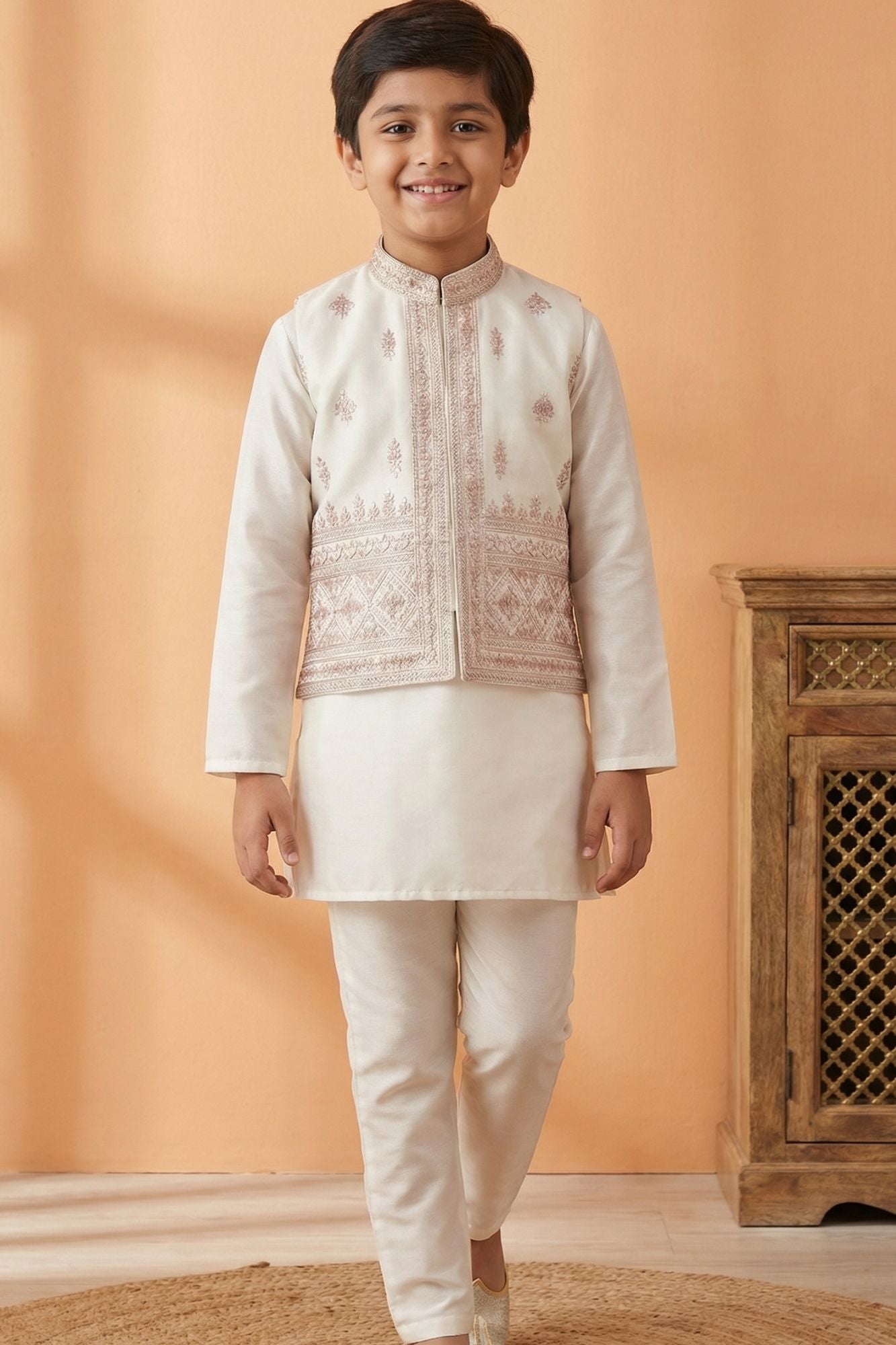 Cream With Pink Embroidered Kurta Set with Nehru Jacket For Boys