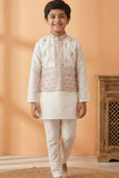Cream With Pink Embroidered Kurta Set with Nehru Jacket For Boys