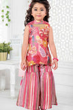 Rani Pink Floral Kurti and Striped Sharara Set With Dupatta For Girls