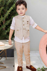 Beige Waist Coat With White Shirt And Pant Set For Boys