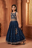 Girls Navy Blue Embroidered Lehenga Choli Set with Net Dupatta