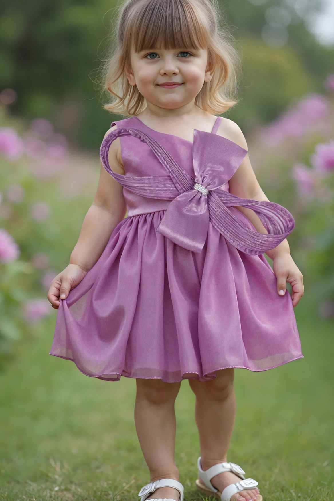 Mauve One Shoulder Bow Party Dress For Girls