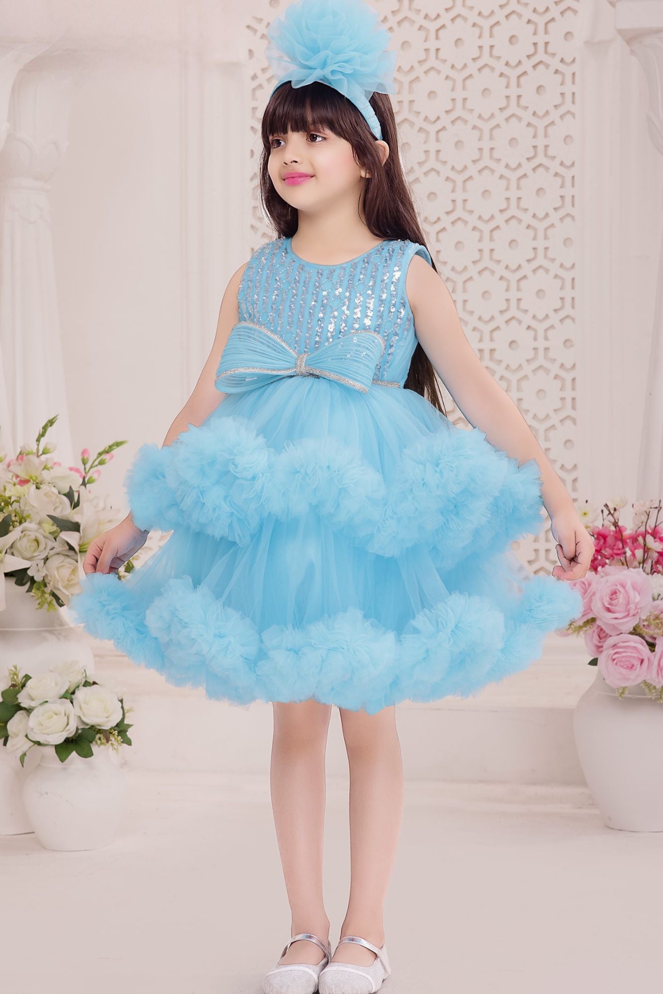 Sky Blue Sequined Tulle Party Wear Frock for Girls
