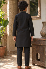 Black Embroidered Linen Kurta Set For Boys
