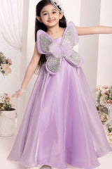 Lilac Butterfly Embellished With Sequins And Pearl Work Gown For Girls