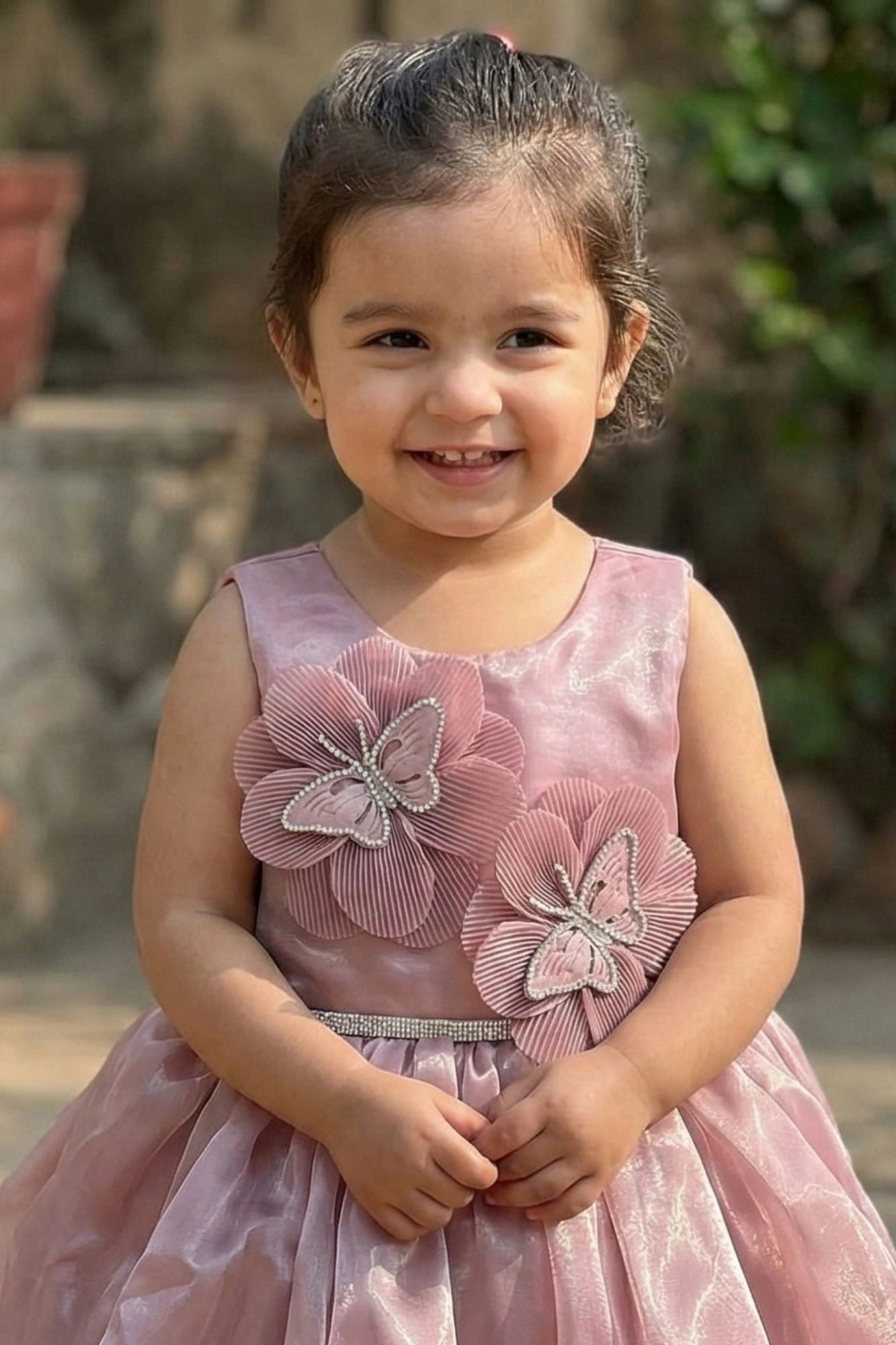 Baby Pink Butterfly Appliqué Party Wear Frock For Girls