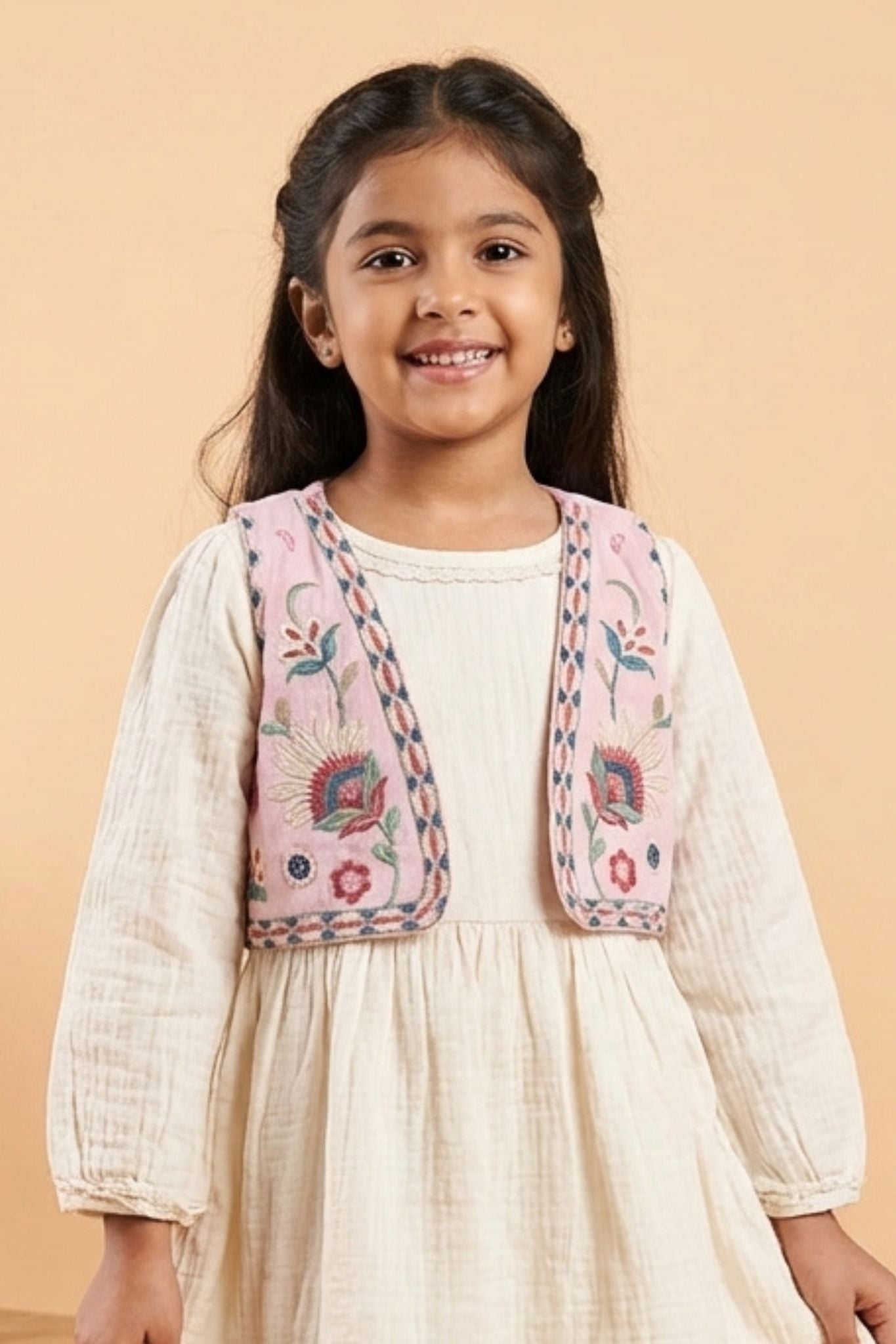 Casual White Cotton Dress with Embroidered Jacket for Girls