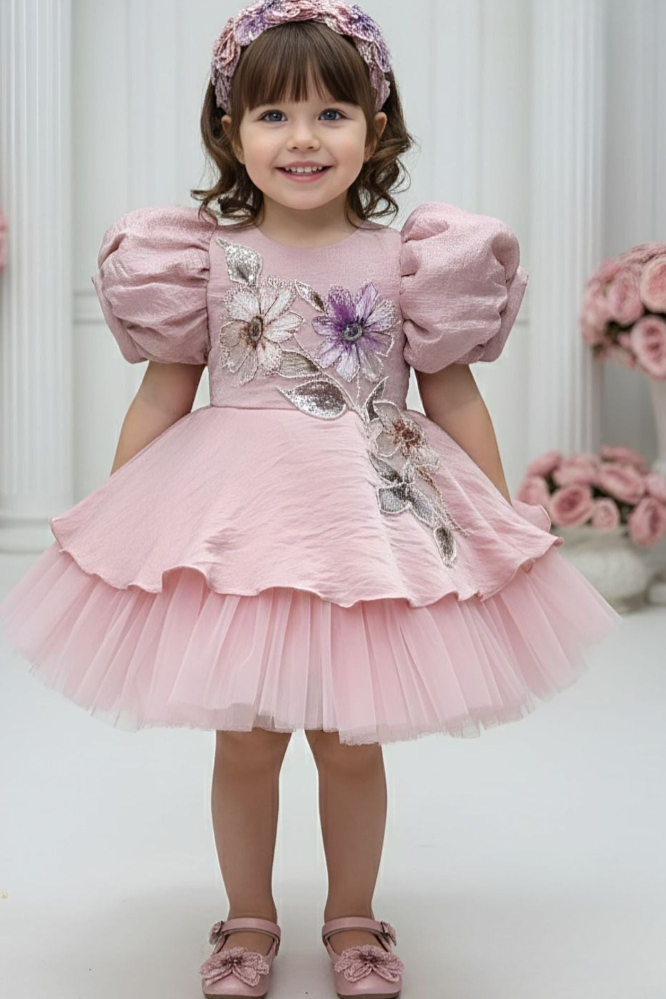 Dusty Pink Floral Embroidered Puff Sleeve Party Frock For Girls