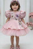 Dusty Pink Floral Embroidered Puff Sleeve Party Frock For Girls