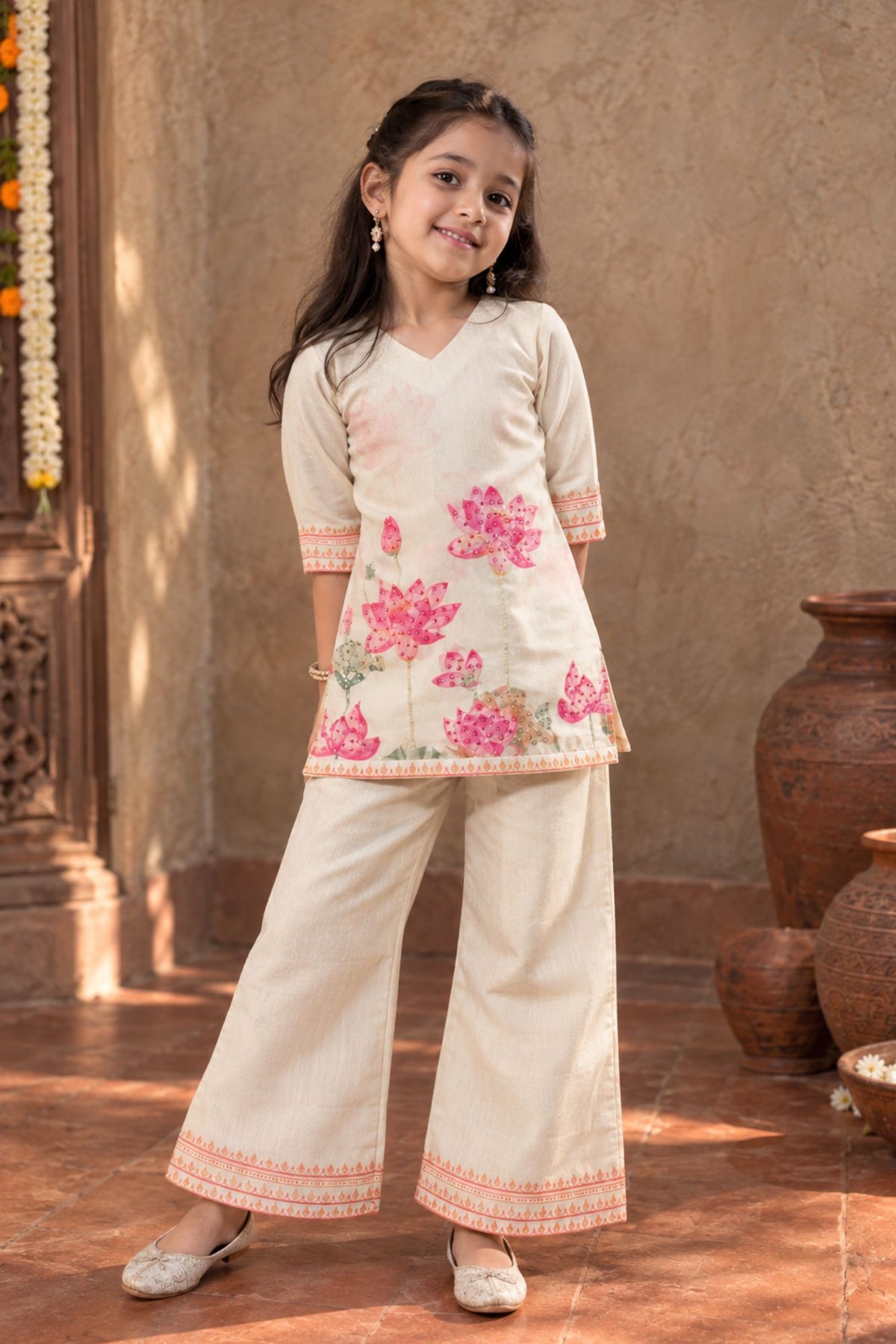 Beige Floral Printed and Sequins Work Palazzo Set For Girls