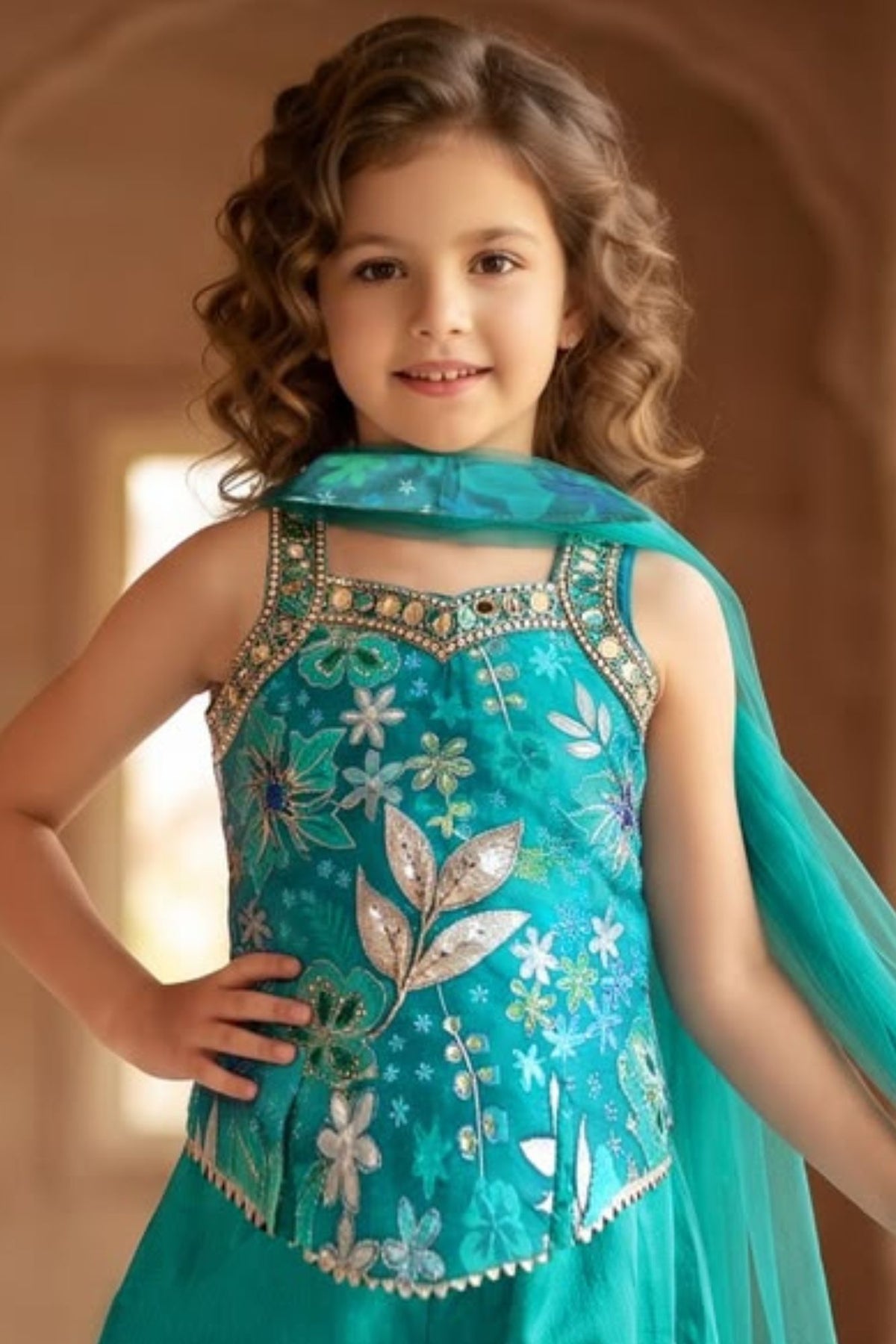 Teal Blue Floral Embellished Palazzo Set With Dupatta For Girls