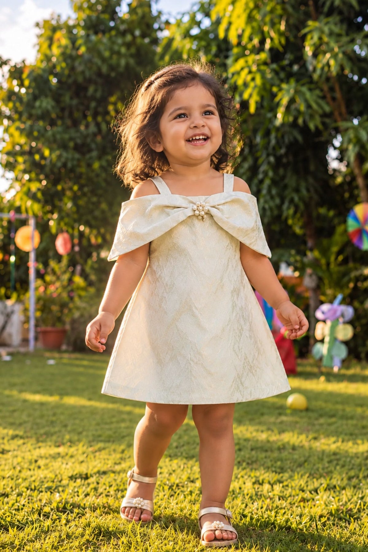 Ivory Off-Shoulder Bow Party Dress For Girls