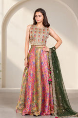Girls Multicolor Embroidered Lehenga Choli With Dupatta