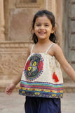 Cream Top With Blue Dhoti Pants Set For Girls