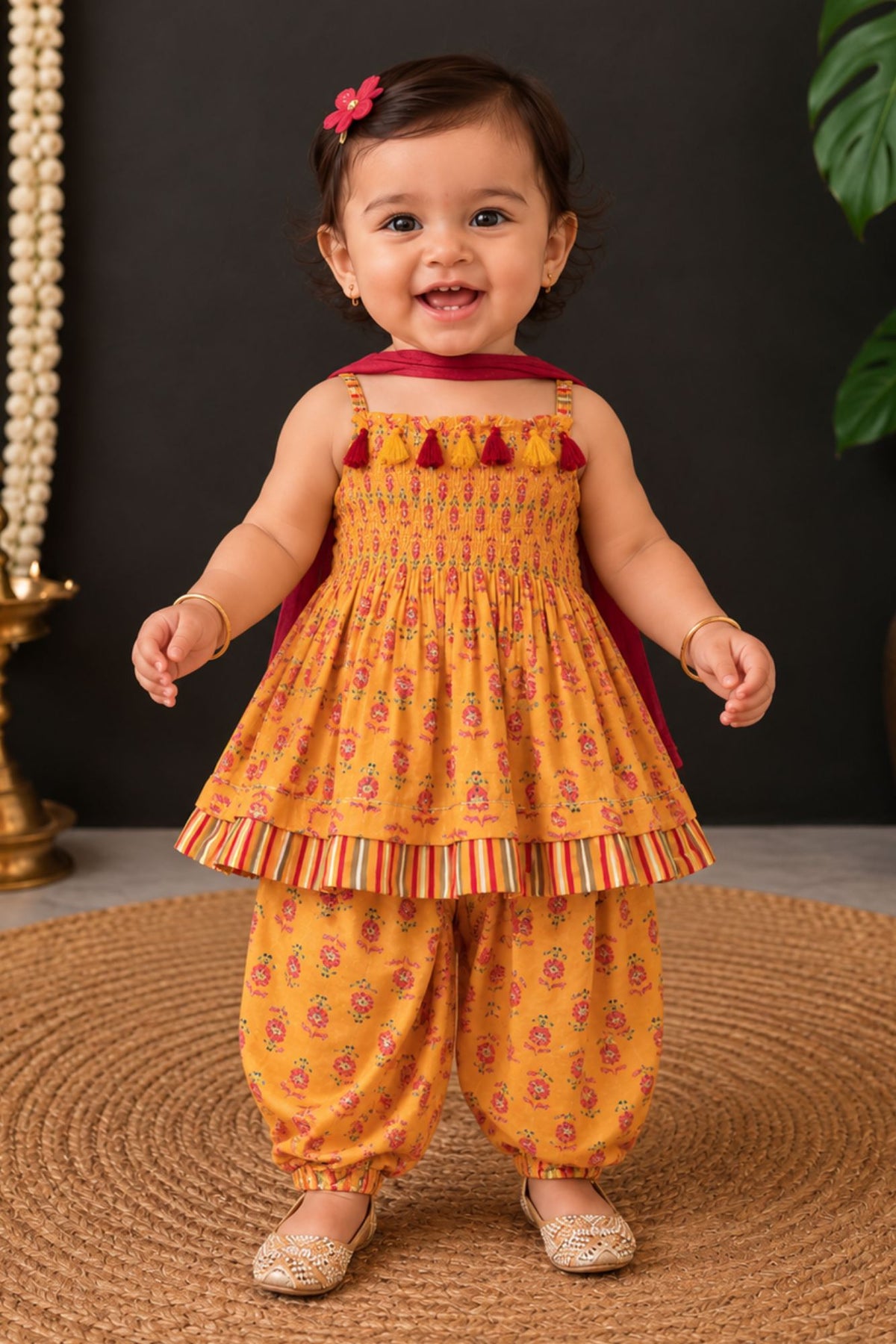 Charming Mustard Yellow Floral Printed Patiala Set For Girls