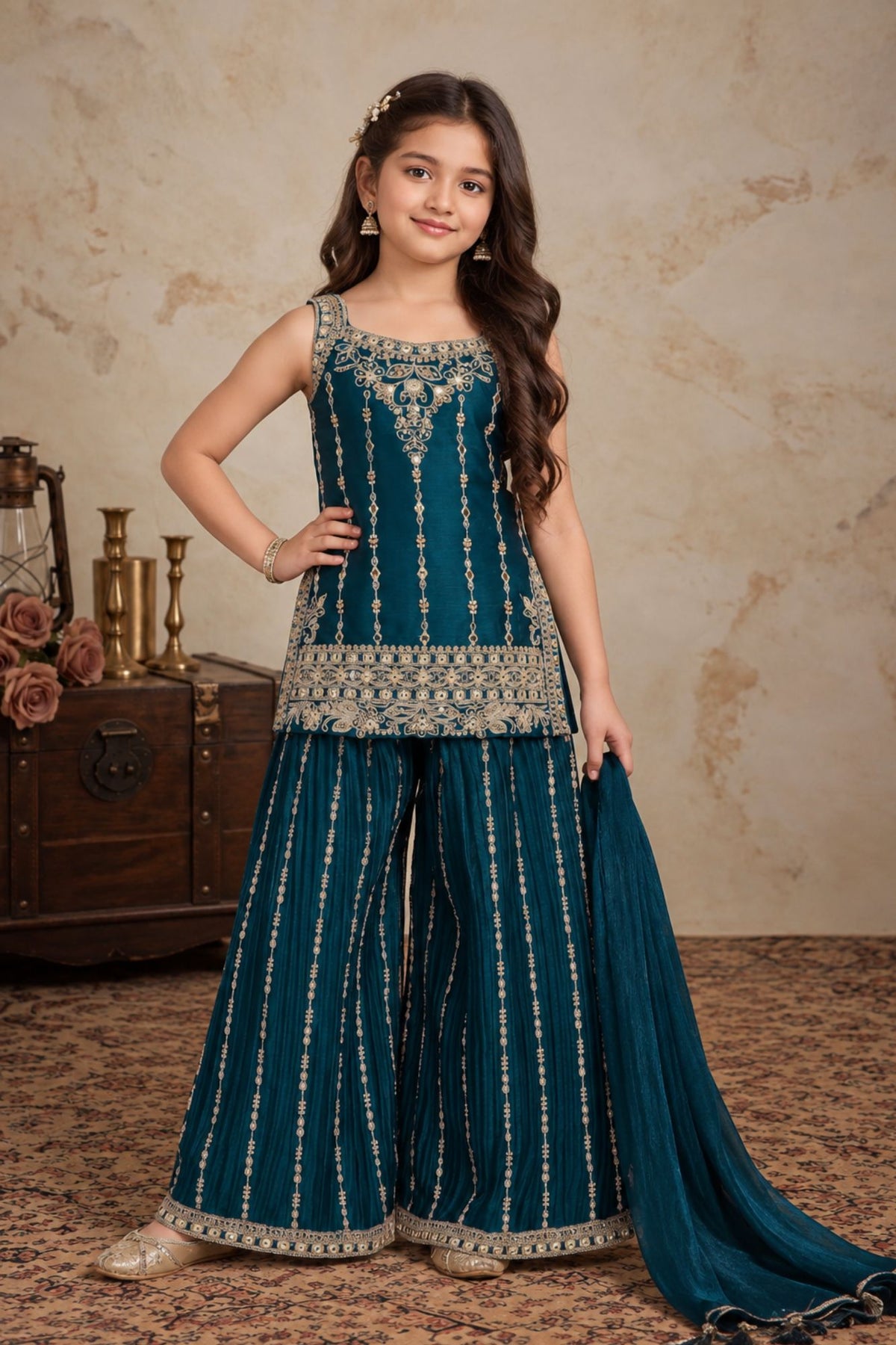 Peacock Blue Designer Embroidered Palazzo Set For Girls