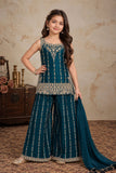 Peacock Blue Designer Embroidered Palazzo Set For Girls