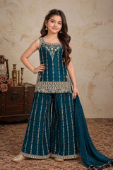 Peacock Blue Designer Embroidered Palazzo Set For Girls