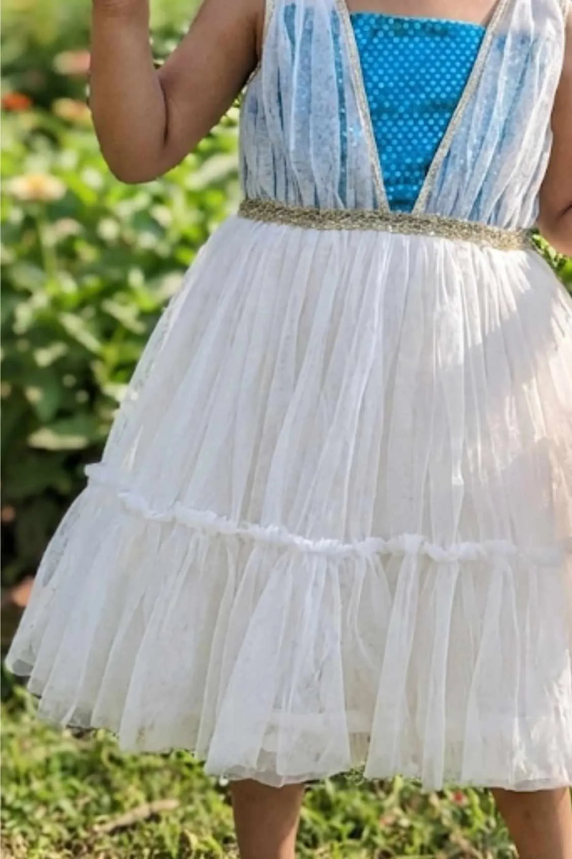 White Frock With Blue Bodice For Girls