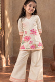 Beige Floral Printed and Sequins Work Palazzo Set For Girls
