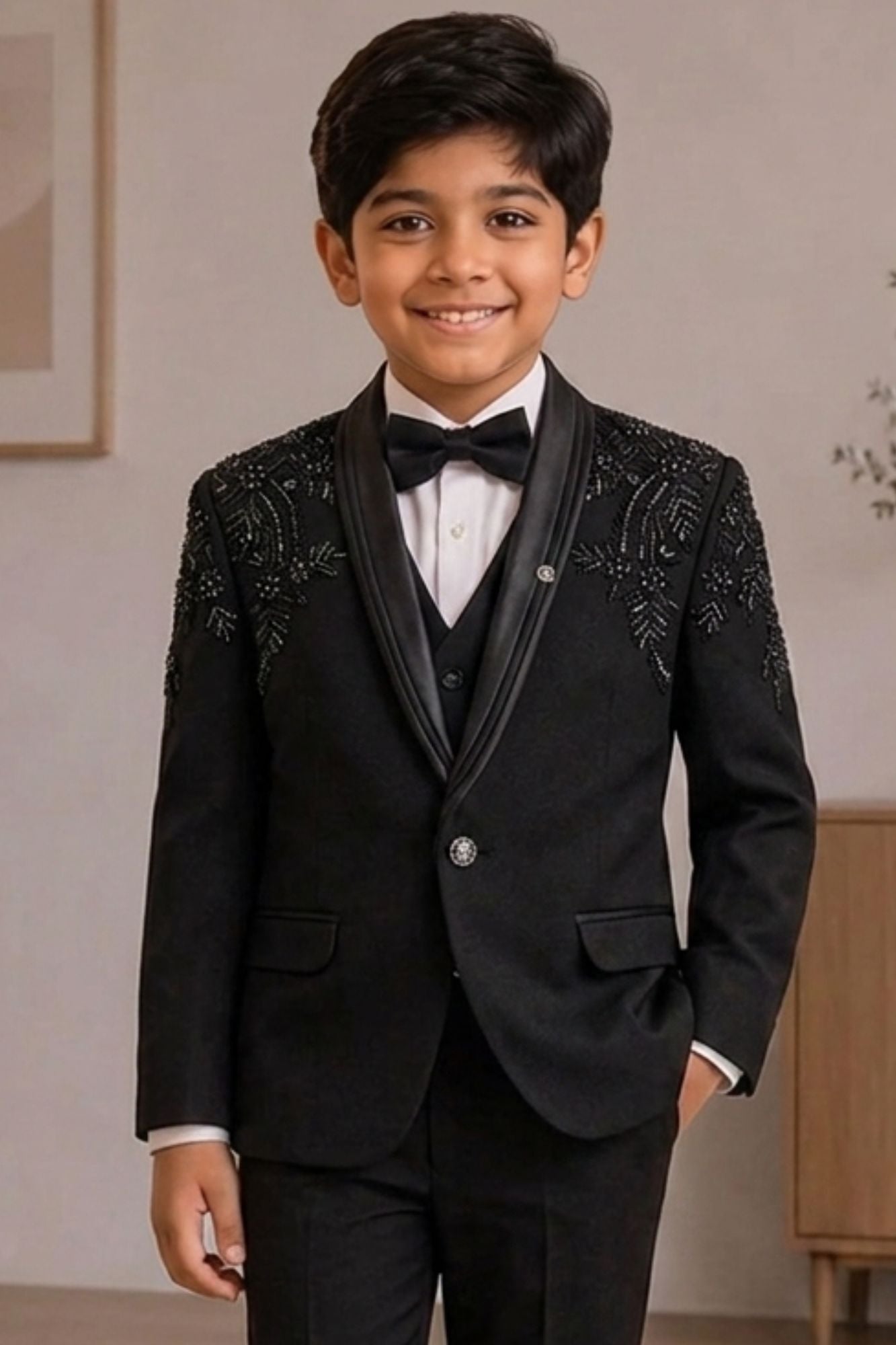 Boys Black Embellished Coat Suit With Waistcoat And Bow Tie