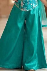 Teal Blue Floral Embellished Palazzo Set With Dupatta For Girls