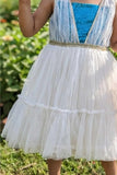 White Frock With Blue Bodice For Girls