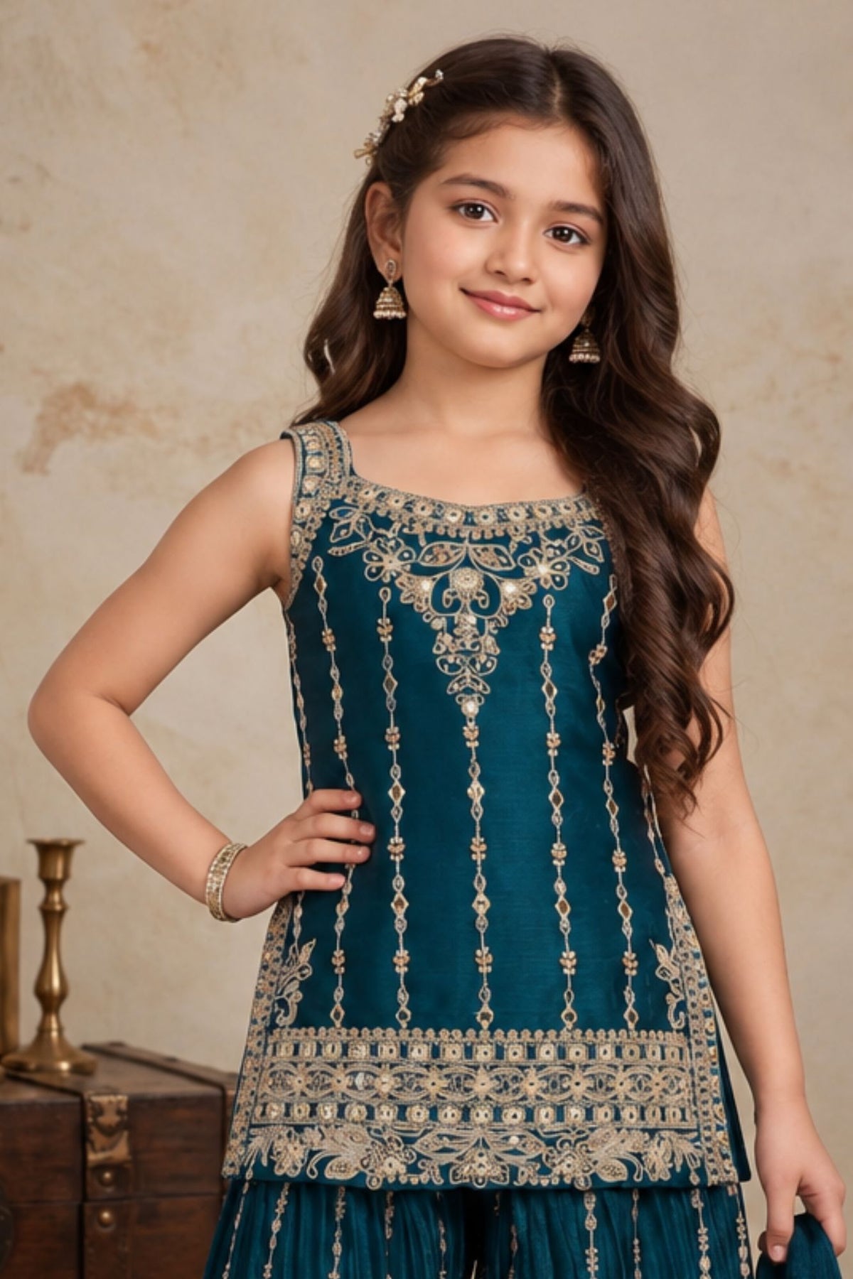 Peacock Blue Designer Embroidered Palazzo Set For Girls