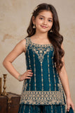 Peacock Blue Designer Embroidered Palazzo Set For Girls