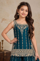 Peacock Blue Designer Embroidered Palazzo Set For Girls