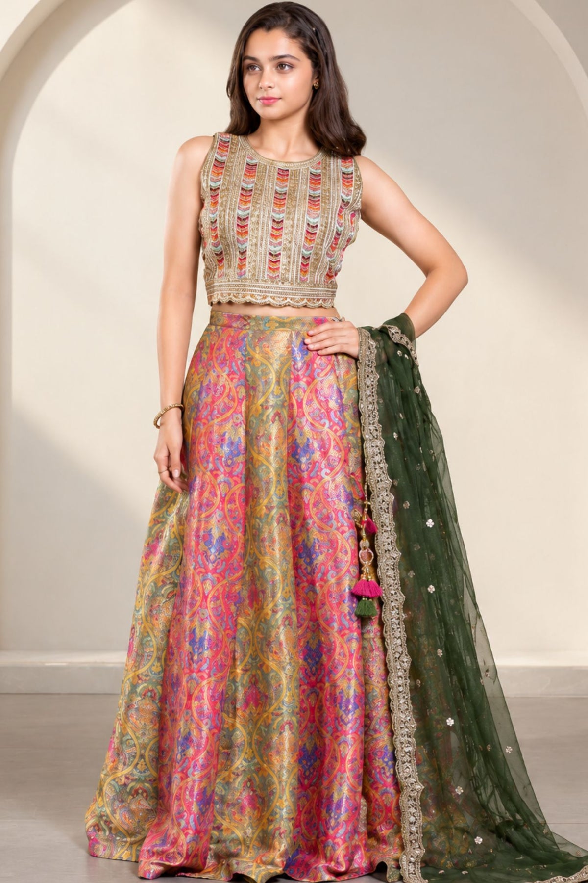 Girls Multicolor Embroidered Lehenga Choli With Dupatta