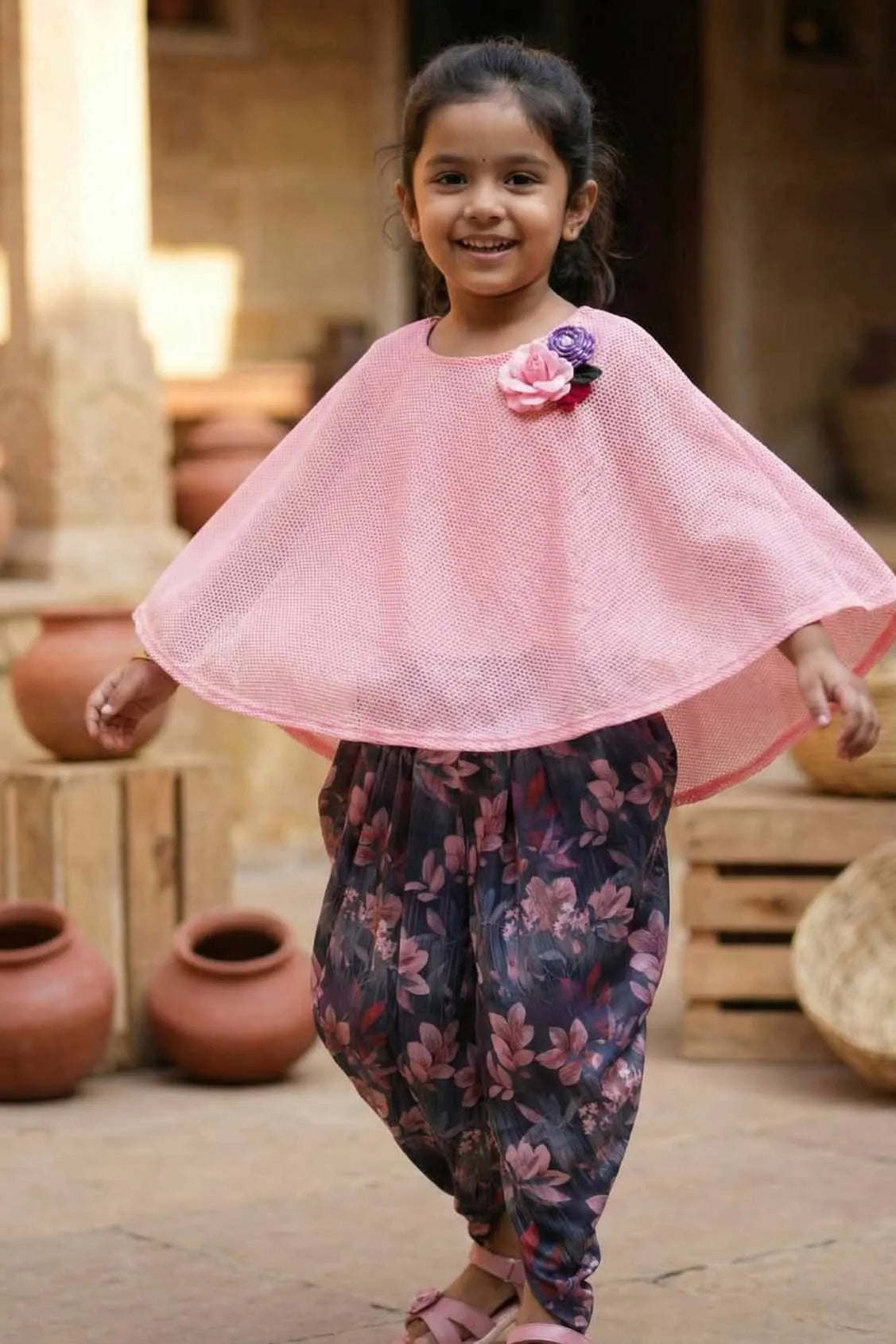 Pink Top With Floral Dhoti Pants Set For Girls