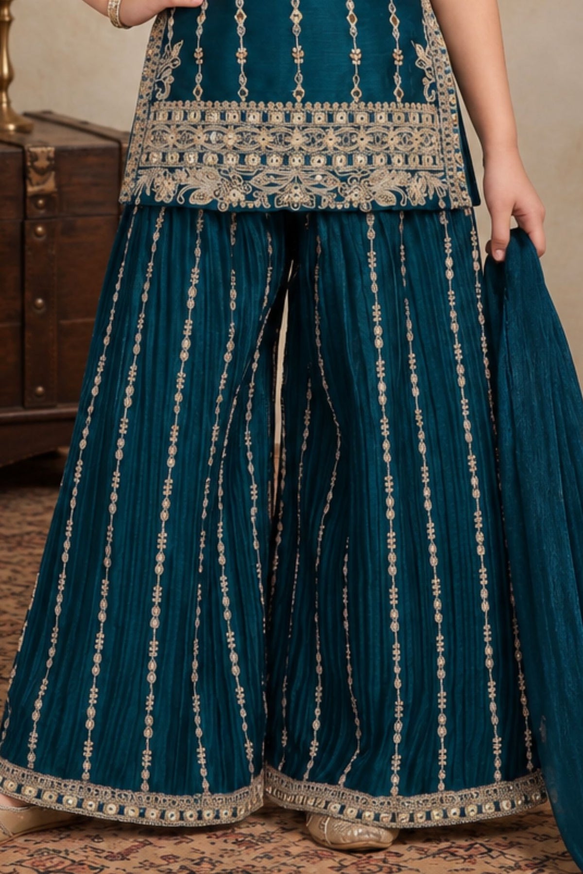 Peacock Blue Designer Embroidered Palazzo Set For Girls