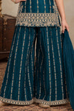 Peacock Blue Designer Embroidered Palazzo Set For Girls