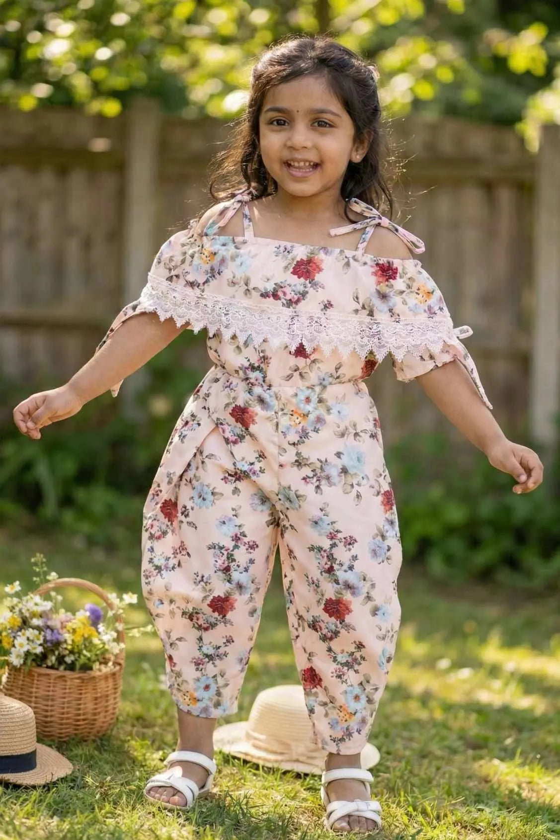 Peach Floral Printed Jumpsuit For Girls