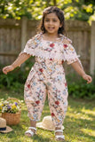 Peach Floral Printed Jumpsuit For Girls