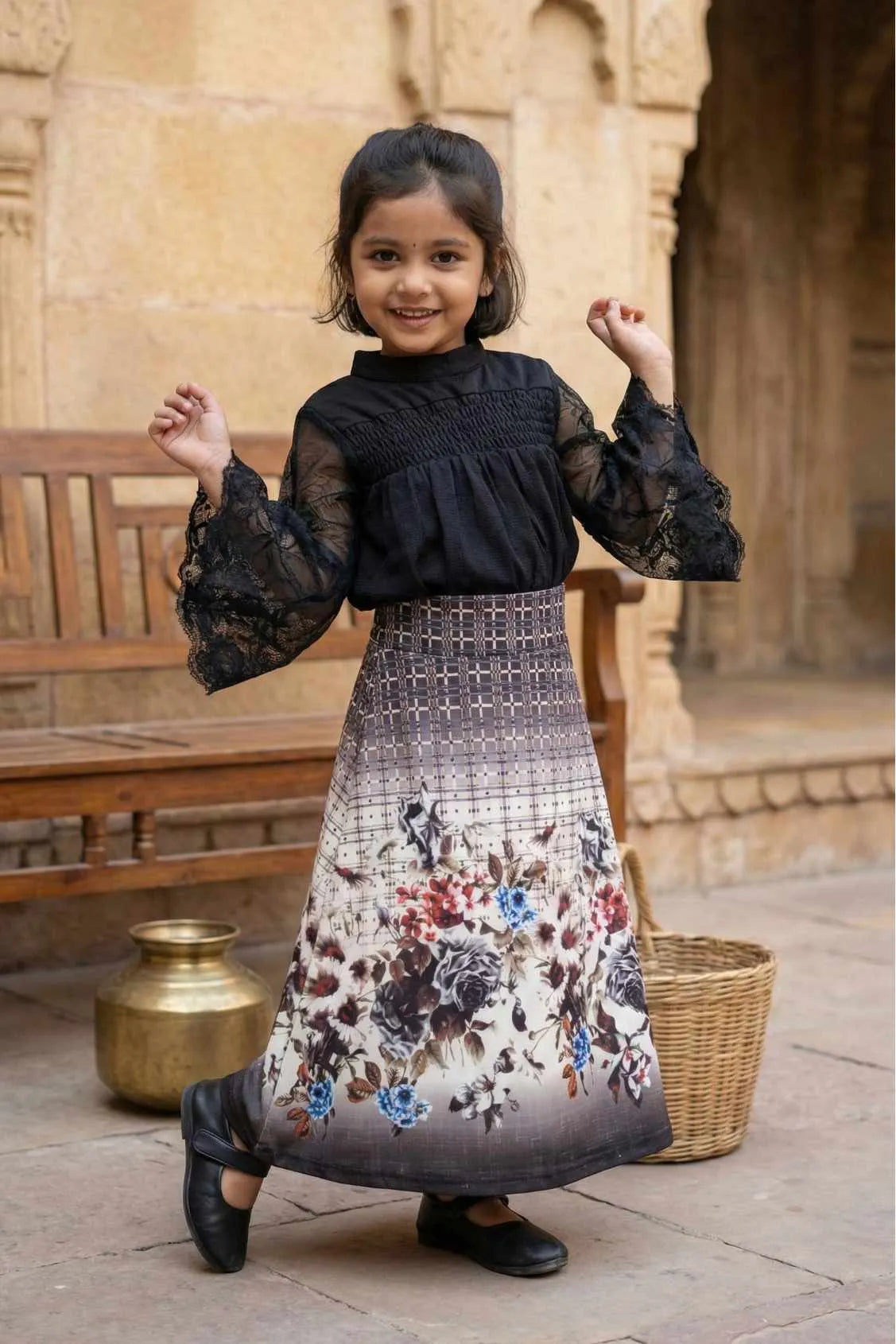 Black Top With Checked Skirt Set For Girls