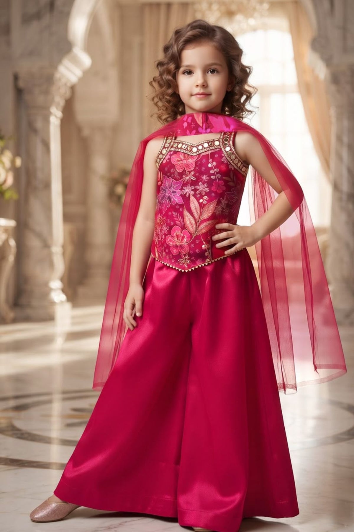 Pink Floral Embellished Palazzo Set With Dupatta For Girls