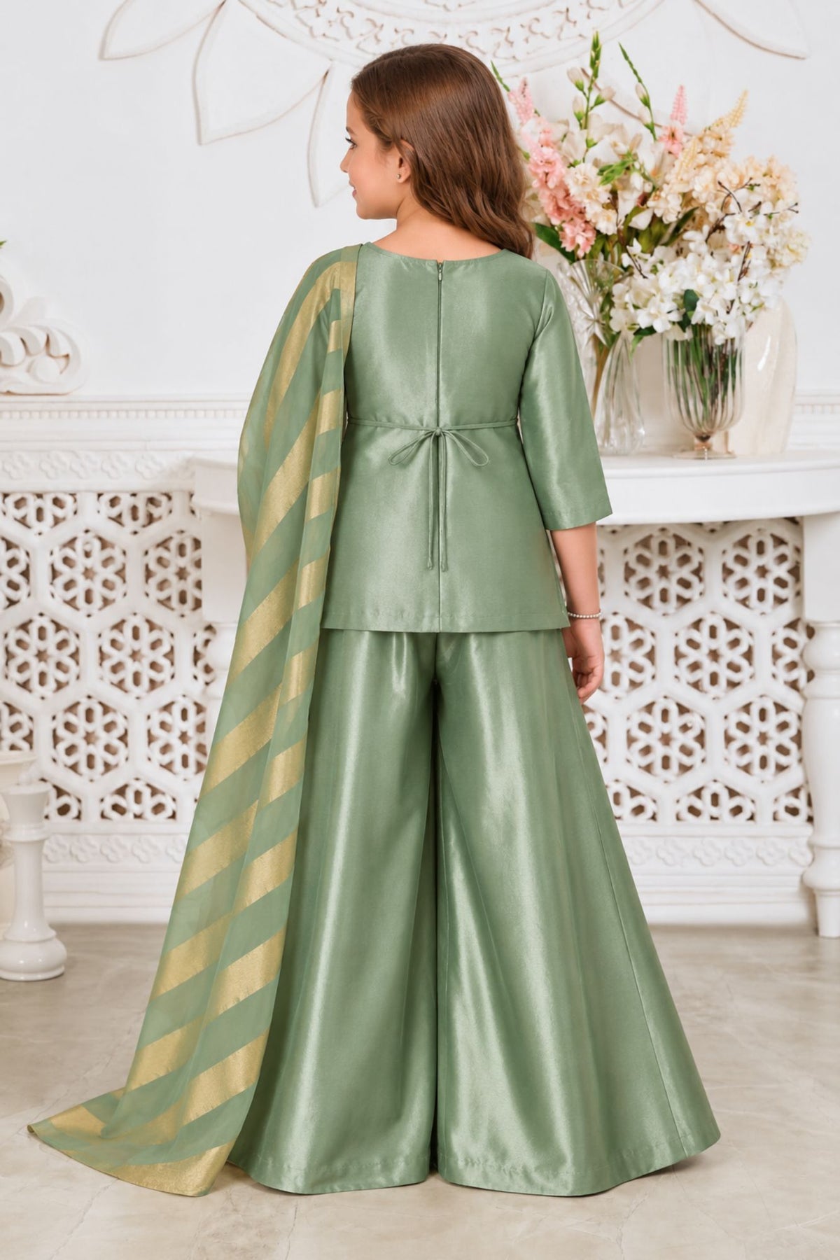 Girls Elegant Green With Gold Embroidered Palazzo Set