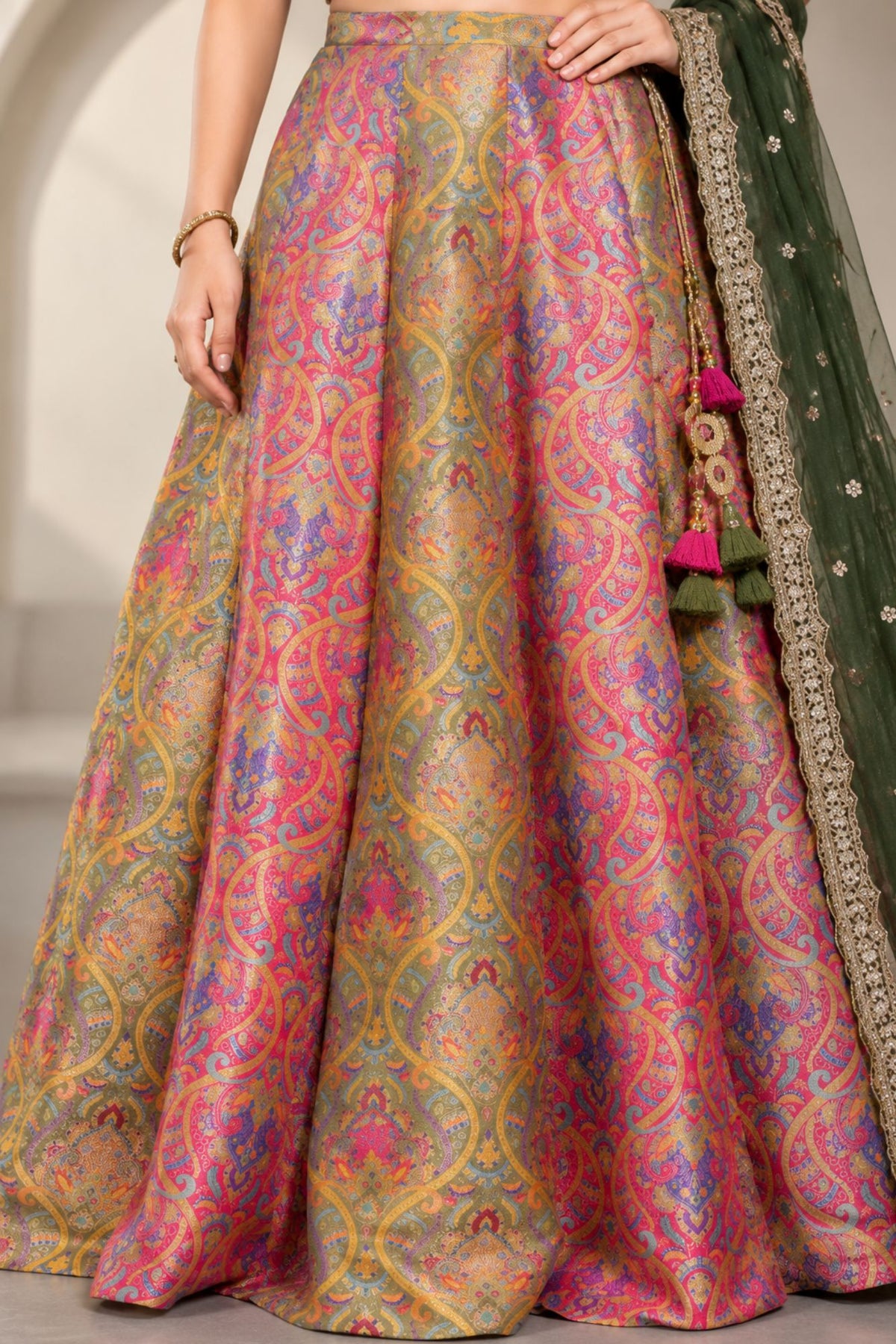 Girls Multicolor Embroidered Lehenga Choli With Dupatta