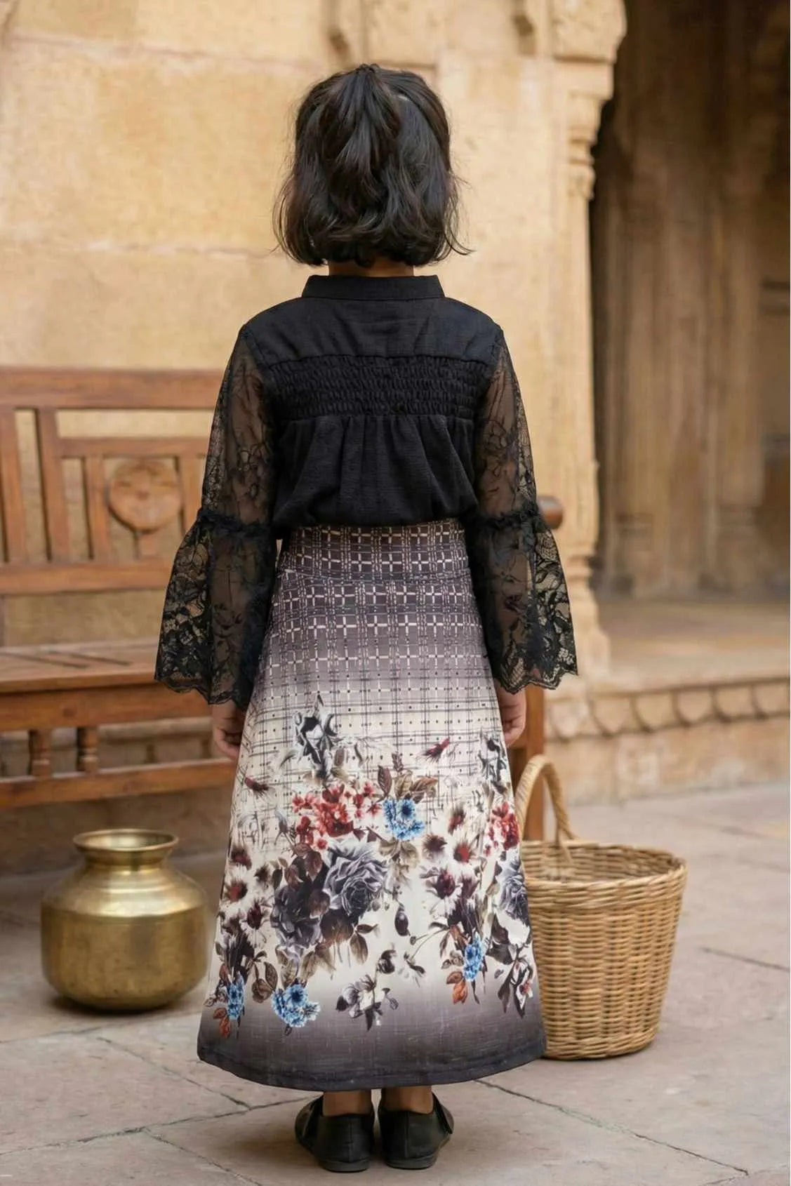 Black Top With Checked Skirt Set For Girls