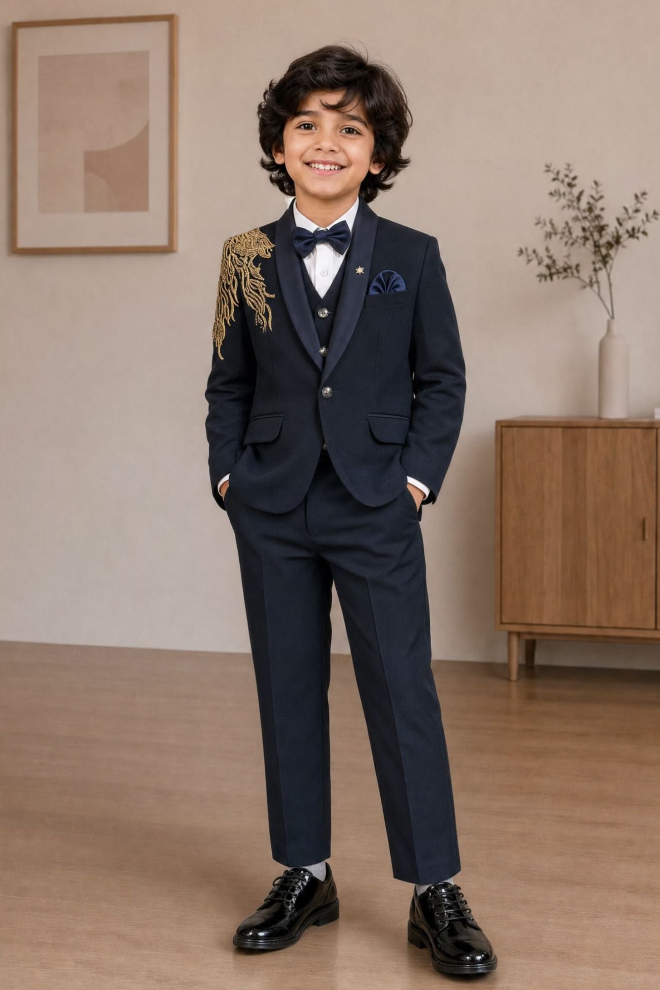 Boys Navy Blue Embroidered Coat Suit With Waistcoat And Bow Tie