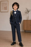 Boys Navy Blue Embroidered Coat Suit With Waistcoat And Bow Tie