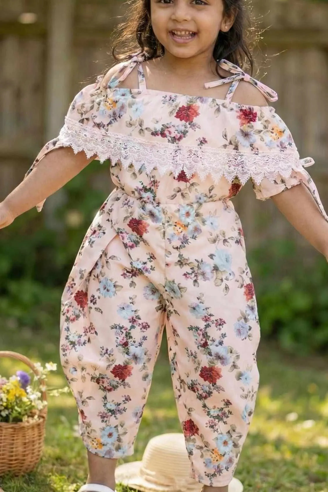 Peach Floral Printed Jumpsuit For Girls