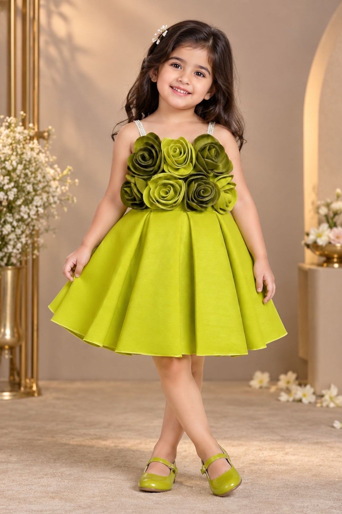 Lime Green Floral Appliqué Party Wear Frock with Pleated Skirt For Girls