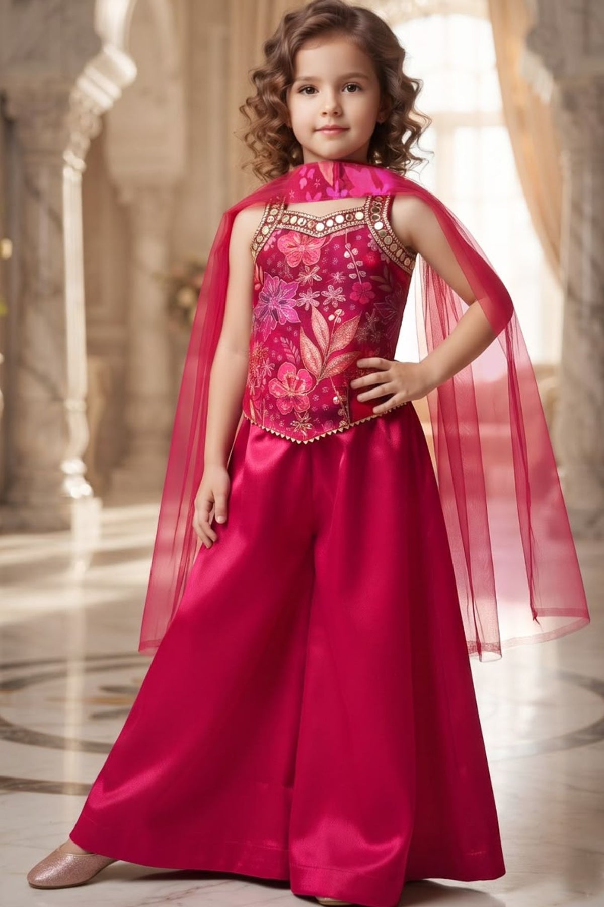 Pink Floral Embellished Palazzo Set With Dupatta For Girls