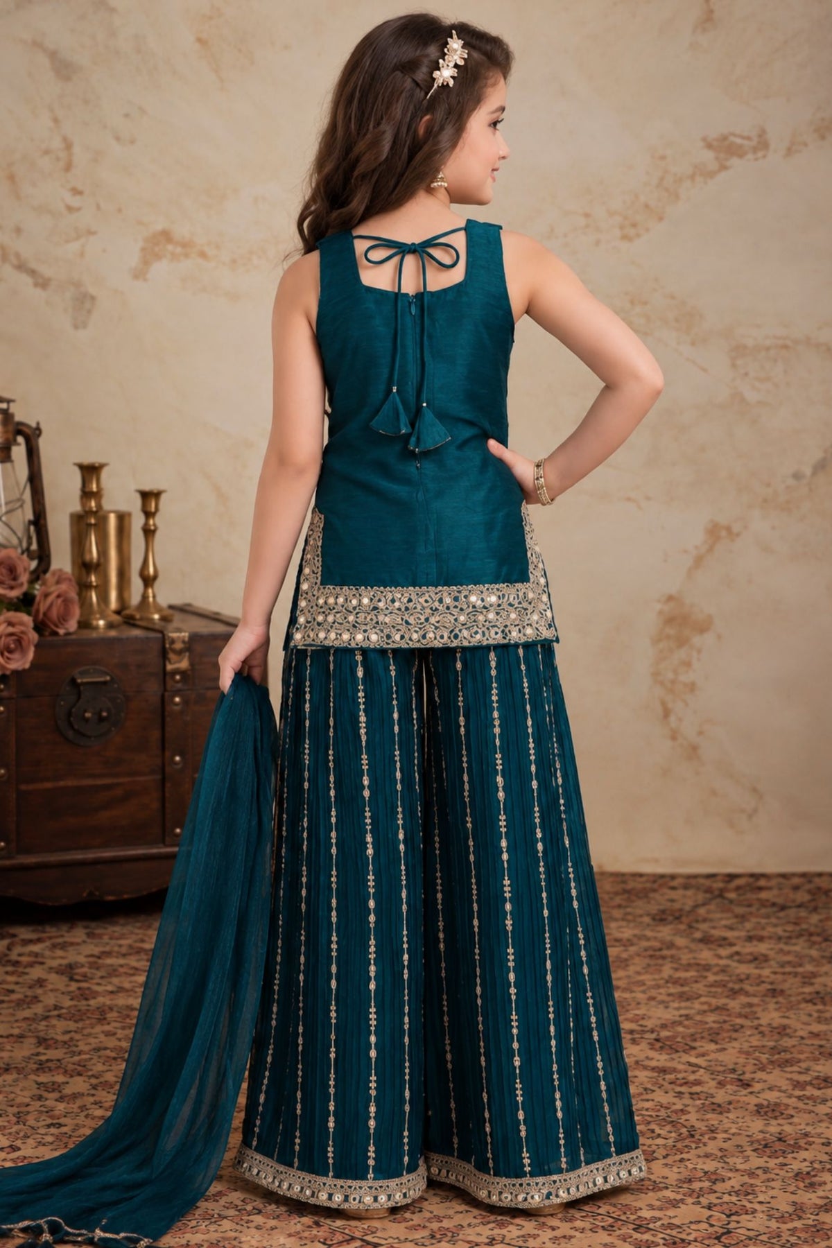 Peacock Blue Designer Embroidered Palazzo Set For Girls