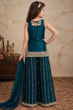 Peacock Blue Designer Embroidered Palazzo Set For Girls