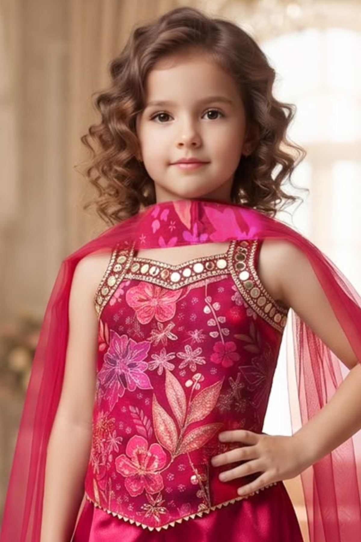 Pink Floral Embellished Palazzo Set With Dupatta For Girls