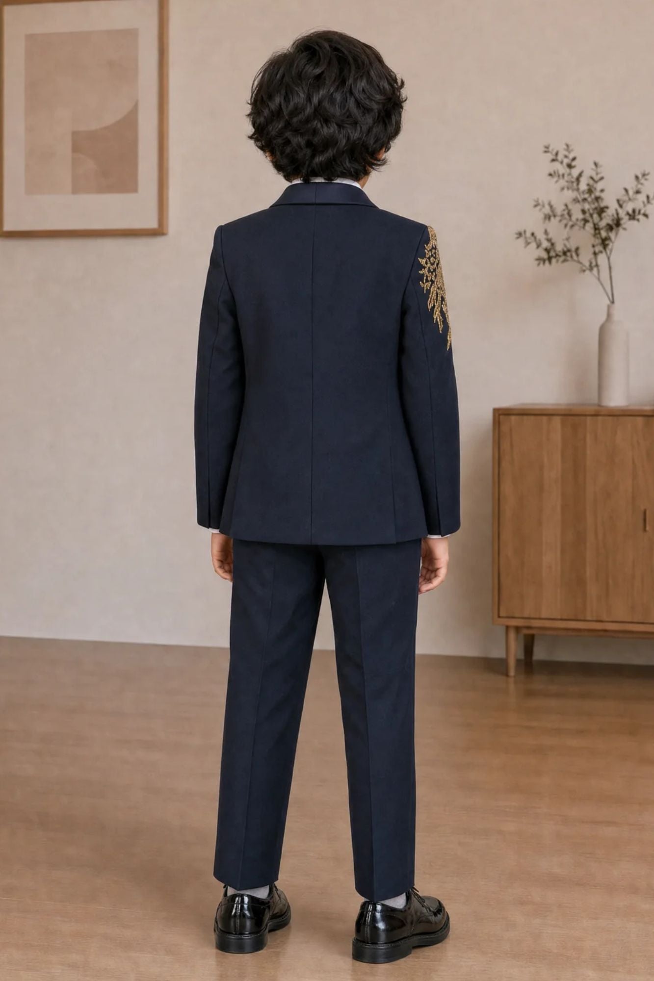 Boys Navy Blue Embroidered Coat Suit With Waistcoat And Bow Tie
